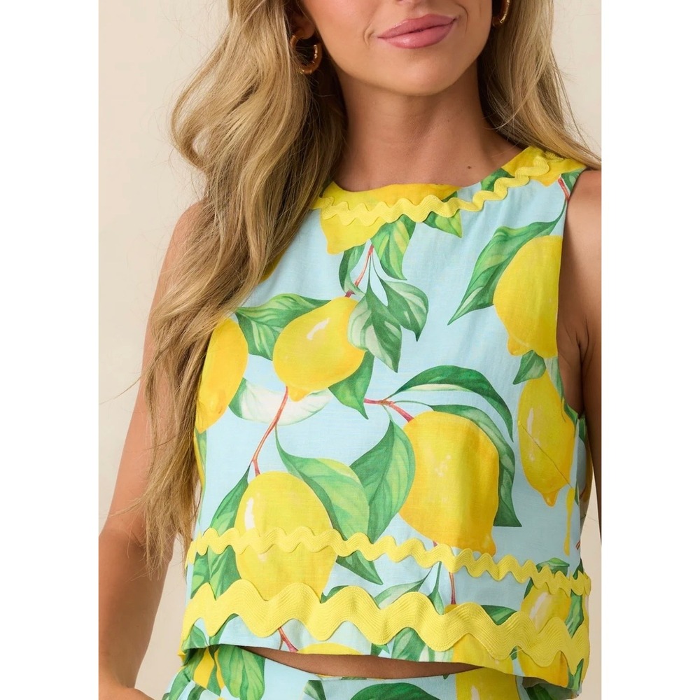 Prosperina Claudia Lemon Print Linen Blend Crop Top Coquette Size Small NWT